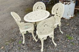 A CREAM ALIMINIUM ROUND GARDEN TABLE, with four chairs (5)