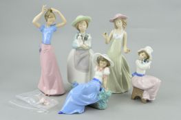 FIVE NAO FIGURES, to include 'Listening to Birds Song', 'What an Armful' (chip to hat), a girl