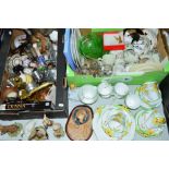 TWO BOXES AND LOOSE CERAMICS, GLASS, METALWARE ETC, to include Wellington china teawares, Border