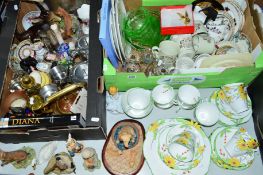 TWO BOXES AND LOOSE CERAMICS, GLASS, METALWARE ETC, to include Wellington china teawares, Border