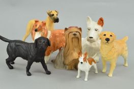 SIX BESWICK DOGS, Great Dane 'Ruler of Oubourgh' No.968, Dog seated No.286 (white/tan), Bull Terrier