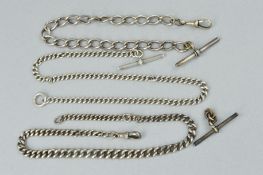 THREE LATE 19TH TO EARLY 20TH CENTURY SILVER ALBERT CHAINS, all of curb link designs, two with