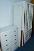 TWO WHITE TWO DOOR WARDROBES (one dismantled) and a similar chest of drawers (3)