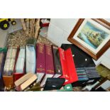 A BOX AND LOOSE SUNDRY ITEMS, to include four albums of postcards 'stamps', classical collection