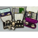 A PARCEL OF SILVER AND PLATE, to include two cased pairs of preserve spoons, Walker & Hall,