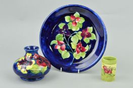 THREE PIECES MOORCROFT POTTERY, to include 'Hibiscus' squat vase, paper label to base, height
