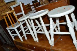 FOUR VARIOUS PAINTED STOOLS, a teak nest of three tables, a painted chair and another stool (7)