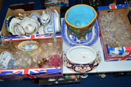 THREE BOXES AND LOOSE CERAMICS AND GLASSWARE, to include Mintons majolica jardiniere (cracked),