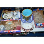 THREE BOXES AND LOOSE CERAMICS AND GLASSWARE, to include Mintons majolica jardiniere (cracked),