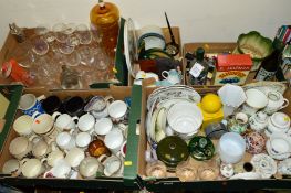 FIVE BOXES OF CERAMICS, GLASS, etc, to include Susie Cooper part teawares, Aynsley, Wedgwood,