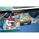 FIVE BOXES AND LOOSE SUNDRIES, to include pictures, games, DVD's, French toys/magazines, radios etc