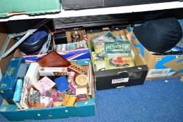 FIVE BOXES AND LOOSE SUNDRIES, to include pictures, games, DVD's, French toys/magazines, radios etc