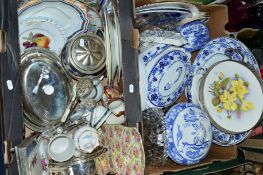 TWO BOXES OF CERAMICS, GLASS, PLATED ITEMS ETC, to include plated entree dish, cutlery (silver