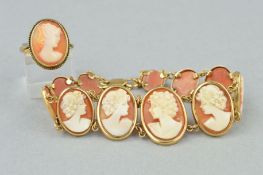 A CAMEO SUITE, to include a cameo panel link bracelet, oval panels graduating in size, from 10.0mm x