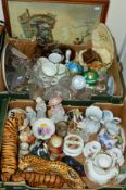 TWO BOXES AND LOOSE CERAMICS, GLASS, PICTURES, etc, to include Beswick Tiger No 2096, Masons jug,
