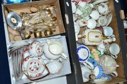 THREE BOXES OF CERAMICS, CUTLERY, etc, to include eggshell teawares, Coalport jug, etc