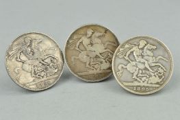 THREE VICTORIAN COINS, dated 1898, 1889 and 1895, diameters 37mm, total weight 83 grams