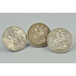 THREE VICTORIAN COINS, dated 1898, 1889 and 1895, diameters 37mm, total weight 83 grams