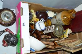 A BOX AND LOOSE SUNDRY ITEMS, to include 'Jolly' money bank, barometer, stoneware flagon 'White