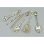 A SMALL PARCEL OF SILVER AND PLATE, including a pair of sugar tongs, a silver and enamel teaspoon, a