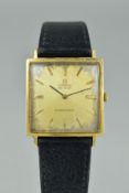 A GENTS OMEGA DE VILLE GOLD PLATED AUTOMATIC WRISTWATCH, the square face with baton hour markers and
