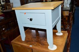 A PAINTED LIGHT OAK TOPPED OCCASIONAL TABLE, with a single drawer