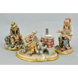 THREE CAPODIMONTE FIGURES, to include a Cobbler with shoe, tools and cut finger, height 25cm, a