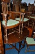 AN OAK OVAL TOPPED BARLEY TWIST GATE LEG TABLE, with pie crust edging, together with six barley