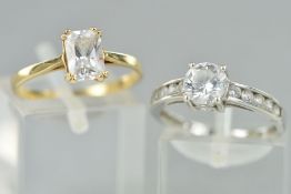 TWO CUBIC ZIRCONIA RINGS, the first designed as a rectangular cubic zirconia within a 9ct gold