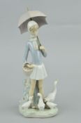 A LLADRO FIGURE GROUP, girl with ducks holding an umbrella, height 27cm