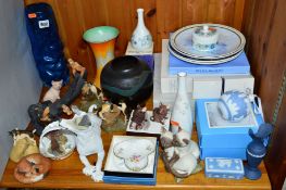 A GROUP LOT OF ORNAMENTS, GLASS VASE, etc, to include Wedgwood jasperwares (some boxed), Aynsley '