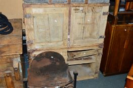 A PAIR OF PINE CAMPAIGN TWO DOOR CUPBOARDS, with iron drop handles