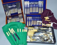 A VICTORIAN WALNUT CASED SET OF EIGHTEEN SILVER PLATED DESSERT KNIVES AND FORKS, carved ivory