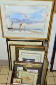 A QUANTITY OF PICTURES AND PRINTS, etc, to include a watercolour painting of fishing boats beached