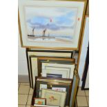 A QUANTITY OF PICTURES AND PRINTS, etc, to include a watercolour painting of fishing boats beached