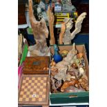 A WOODEN GAMES COMPENDIUM, a work box and various wooden ornaments, bark ornamental shapes etc