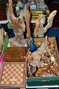 A WOODEN GAMES COMPENDIUM, a work box and various wooden ornaments, bark ornamental shapes etc
