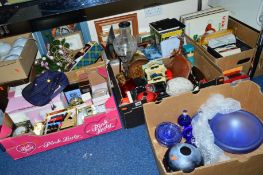 SIX BOXES AND LOOSE SUNDRY ITEMS, to include Elizabeth Arden cosmetics and perfumes, pictures,
