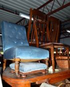 AN EDWARDIAN MAHOGANY BLUE UPHOLSTERED BEDROOM CHAIR, similar square footstool and another