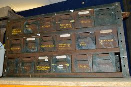 A VINTAGE METAL WORKSHOP DRAWER UNIT, with eighteen drawers