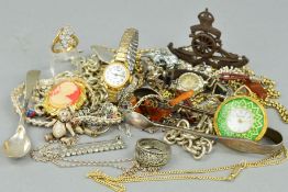 A SELECTION OF JEWELLERY AND WATCHES, to include a pair of sugar tongs, an articulated teddy bear