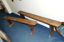 TWO EARLY 20TH CENTURY AND LATER ELM BENCHES, approximate maximum length 200cm