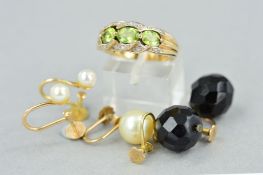 A 9CT GOLD PERIDOT AND DIAMOND RING, TWO PAIRS OF EARRINGS AND A SINGLE EARRING, the ring designed