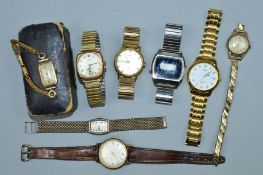 EIGHT MIXED WRISTWATCHES, to include a 9ct Smith's Astral, a 9ct Record, a 9ct Deco ladies, a 1970's