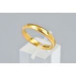 A 22CT GOLD PLAIN 'D' SHAPED CROSS SECTION WEDDING BAND, measuring approximately 3.4mm in width,