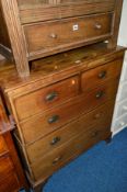 A GEORGIAN MAHOGANY AND INLAID CHEST, of two short and three long drawers, on bracket feet,