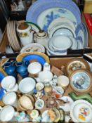TWO BOXES OF CERAMICS ETC, to include Wade, Denby plates, Royal Doulton figures 'Stayed at Home'