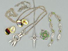 A SELECTION OF JEWELLERY, to include a peridot bracelet, an openwork green enamel pendant, a pair of