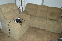 AN UPHOLSTERED ELECTRIC RECYCLING SOFA AND ARMCHAIR