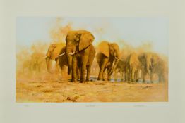 DAVID SHEPHERD (1931-2017) 'DUSTY EVENING', a limited edition print 99/200 of a herd of elephants,